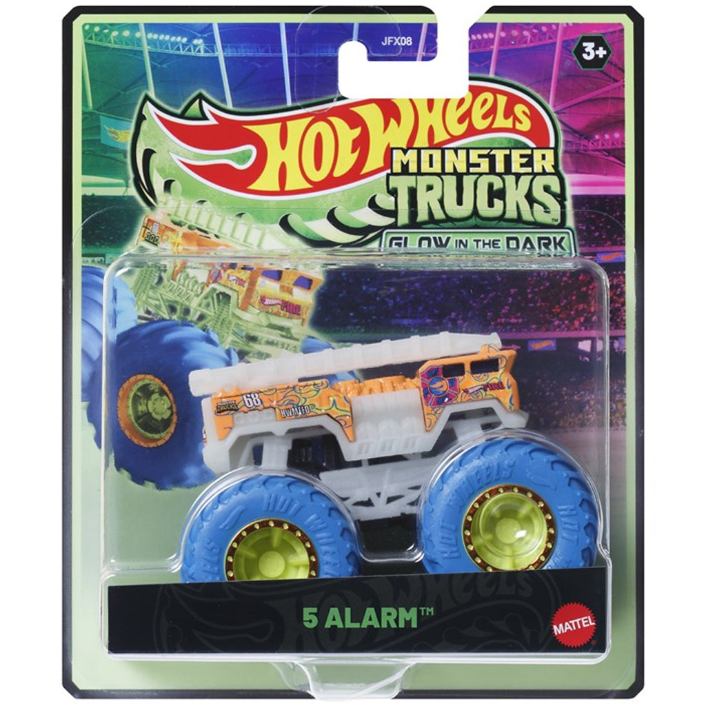 Hot Wheels Monster Trucks: 5 Alarm autíčko svietiace v tme 1/64 – Mattel