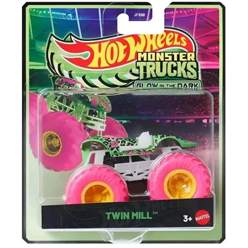 Hot Wheels Monster Trucks: Twin Mill neónovo zelené autíčko svietiace v tme 1:64 – Mattel