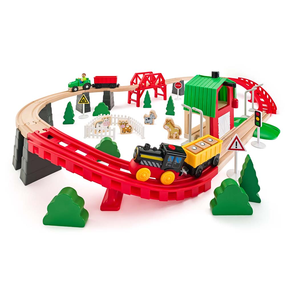 Drevená poľnohospodárska železničná dráha s vláčikom a ďalšími doplnkami, 60-dielna - Woodyland