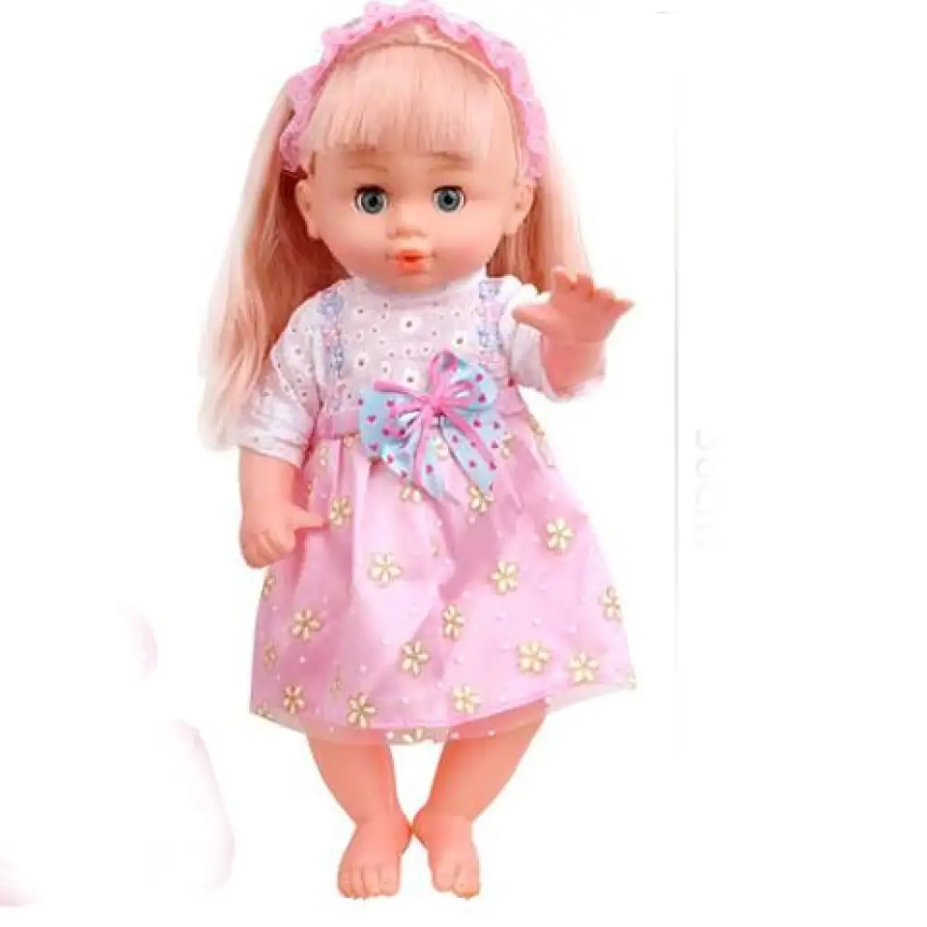 Bábika s blond vlasmi, s kočíkom, dojčenskou fľašou a riadom