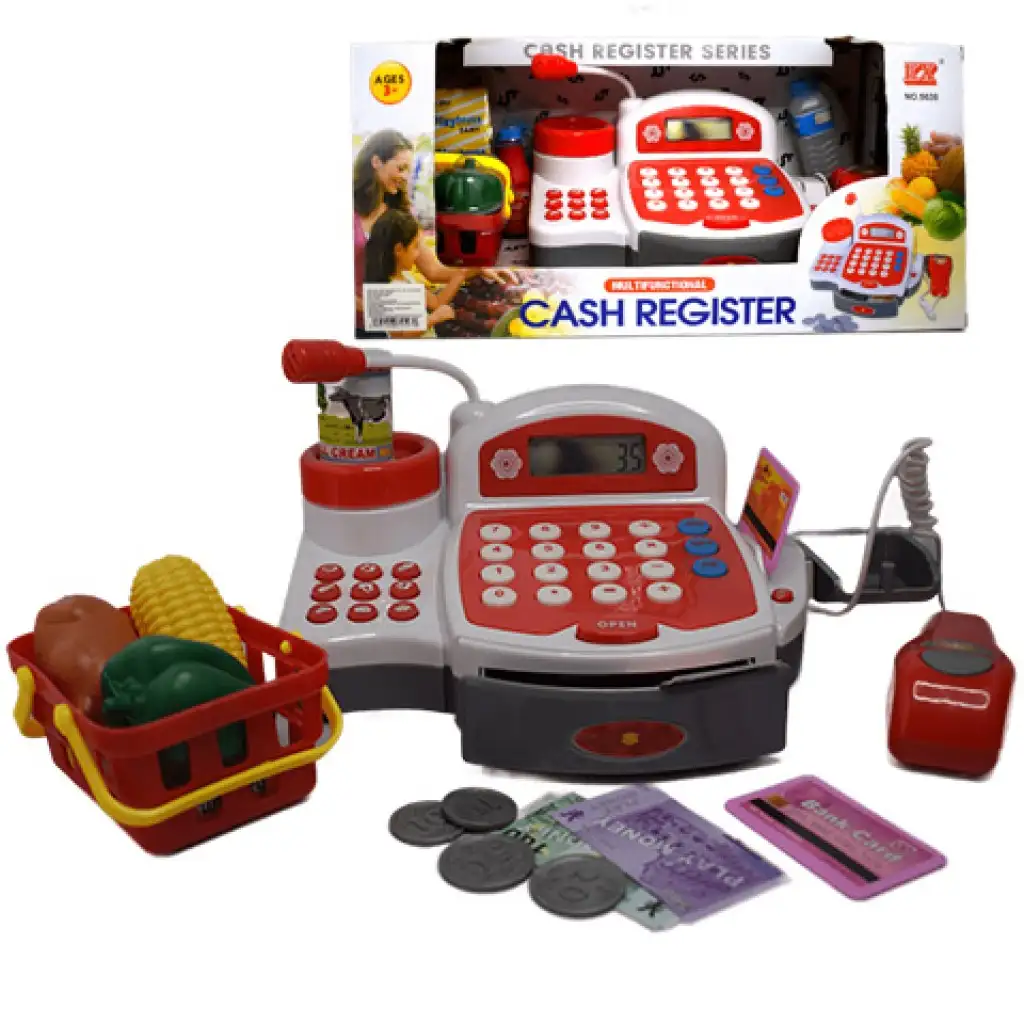 Červená elektrická pokladňa s hracími peniazmi, produktmi a zvukom kép 2