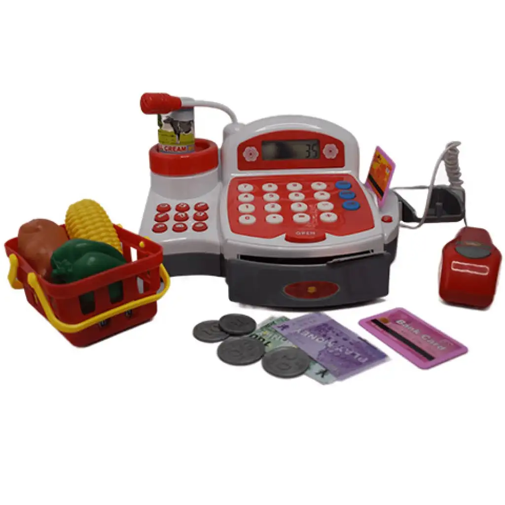 Červená elektrická pokladňa s hracími peniazmi, produktmi a zvukom kép 3