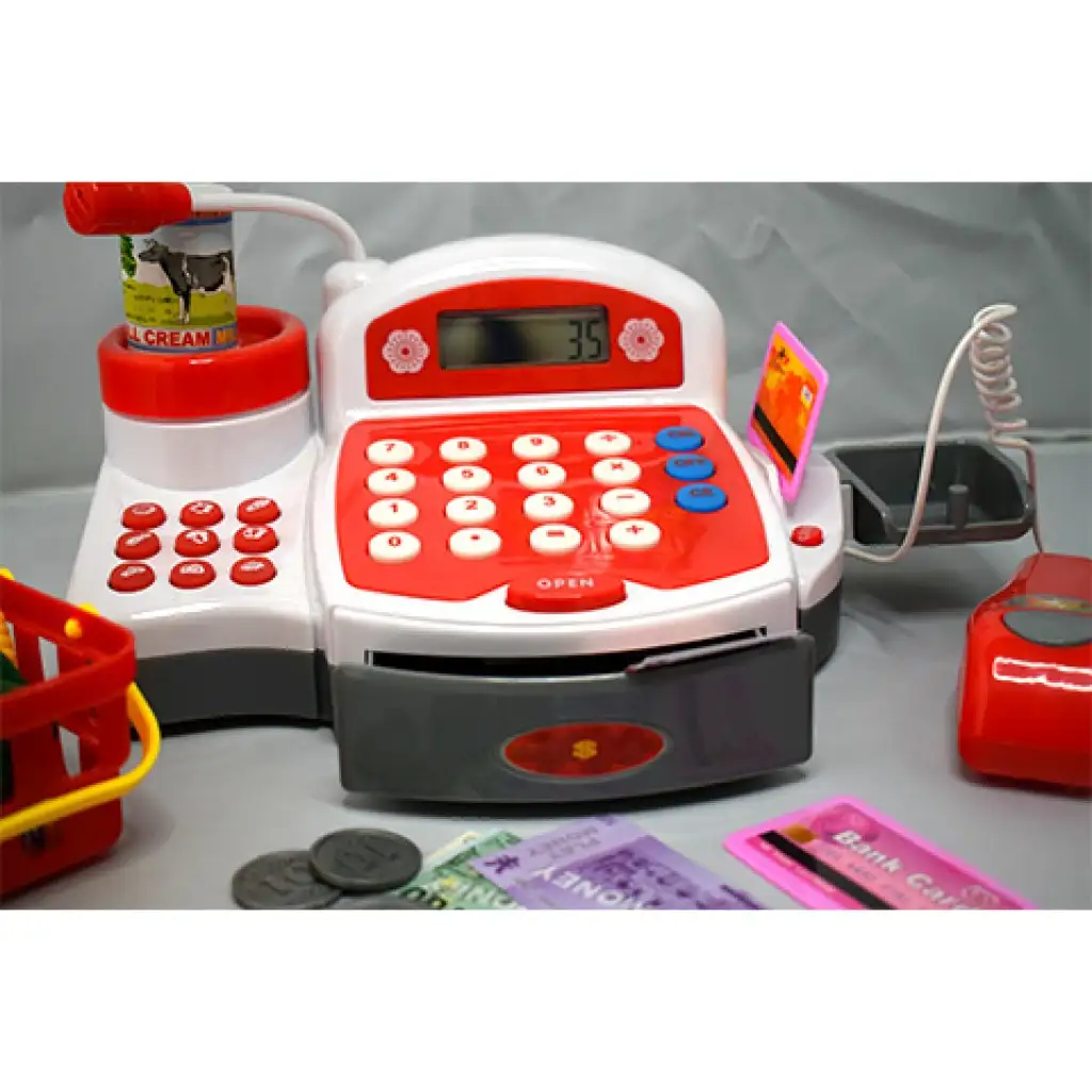 Červená elektrická pokladňa s hracími peniazmi, produktmi a zvukom kép 4