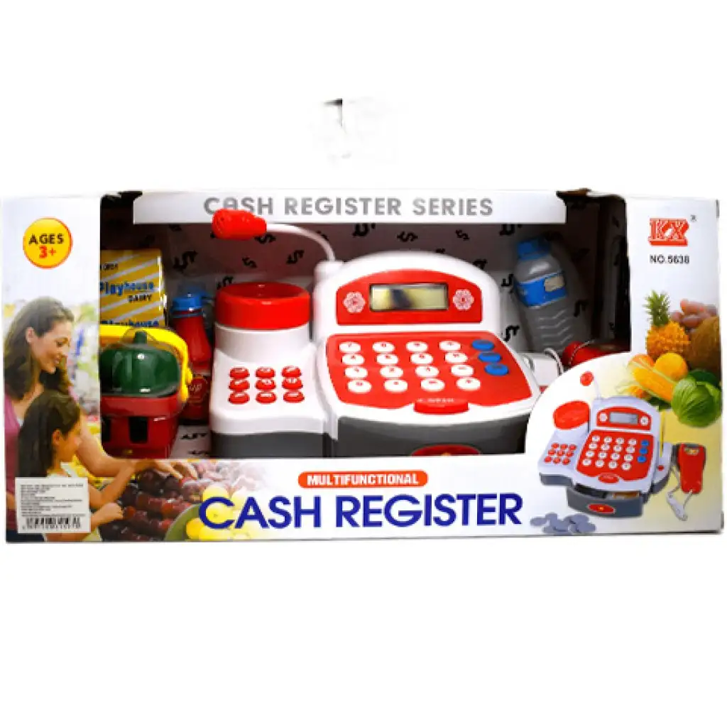 Červená elektrická pokladňa s hracími peniazmi, produktmi a zvukom kép 1