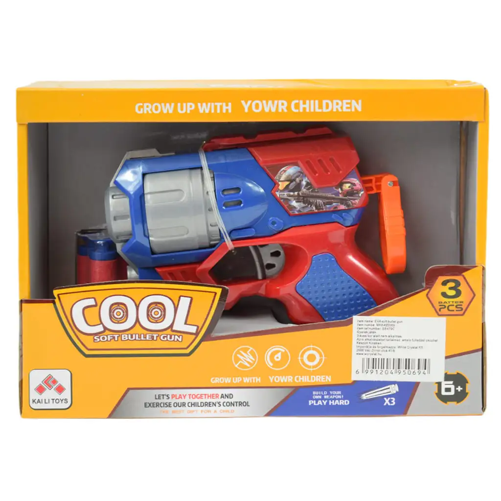 Cool Soft Bullet Gun: Kisméretű szivacslövő fegyver töltényekkel kék-piros színben 14cm kép 6