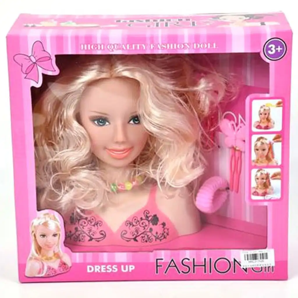 Hlava na česanie s blond vlasmi, s vlásenkou a gumičkou do vlasov