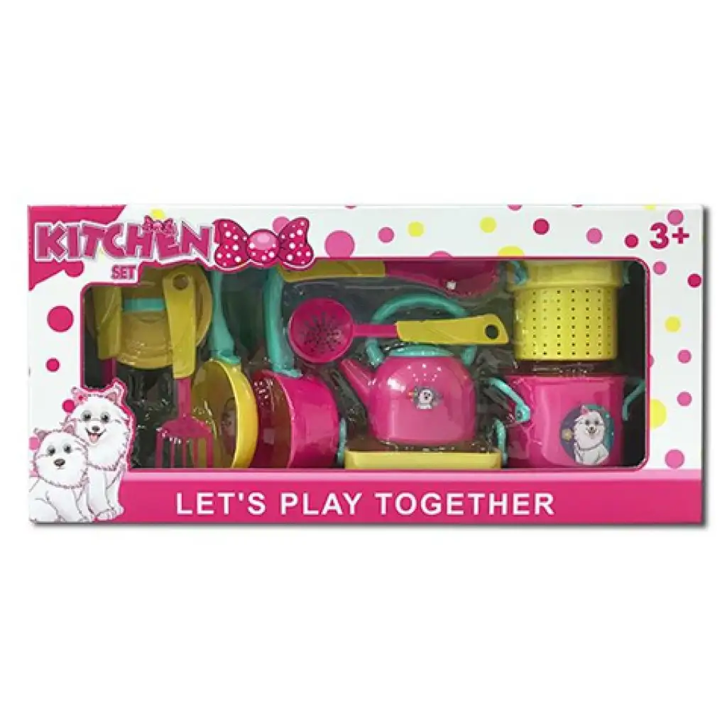 Ružová kuchynská súprava so psím vzorom