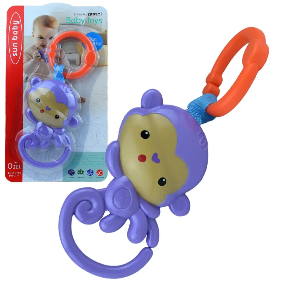 Sun Baby: Veselá fialová opica bábika s chrastítkom