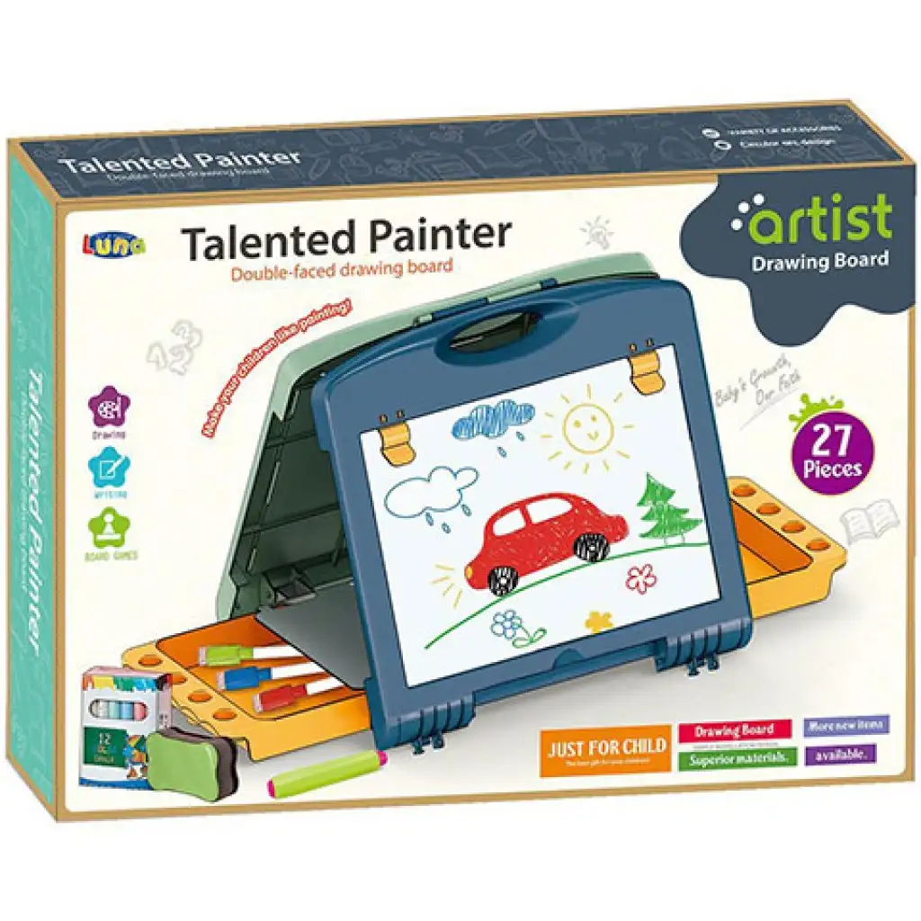 Modrá obojstranná tabuľa na kreslenie 27 dielny set