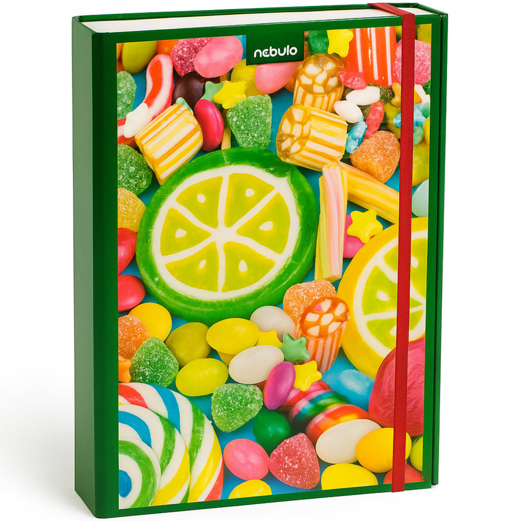 Nebulo: Šanón na zošity z vlnitej lepenky, formát A4, cukríky