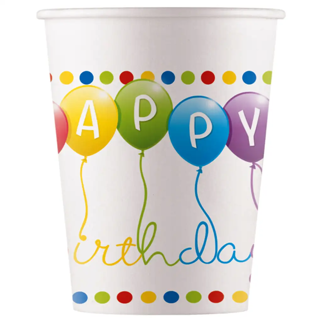 Színes lufis szülinapi "Happy Birthday" feliratú papírpohár 200 ml 8db-os szett kép 1