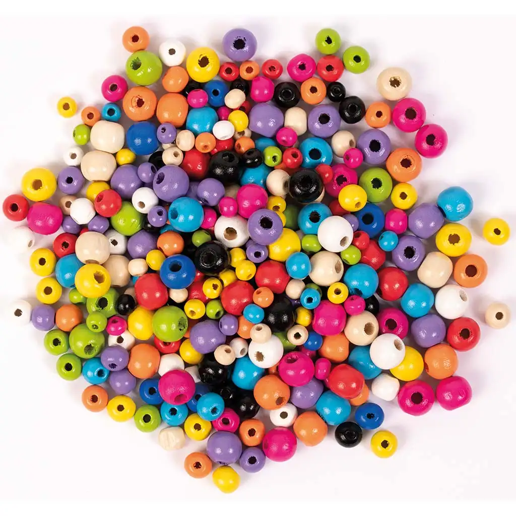 PlayBox: Farebné valcové drevené korálky v rôznych veľkostiach, balenie 300 kusov.