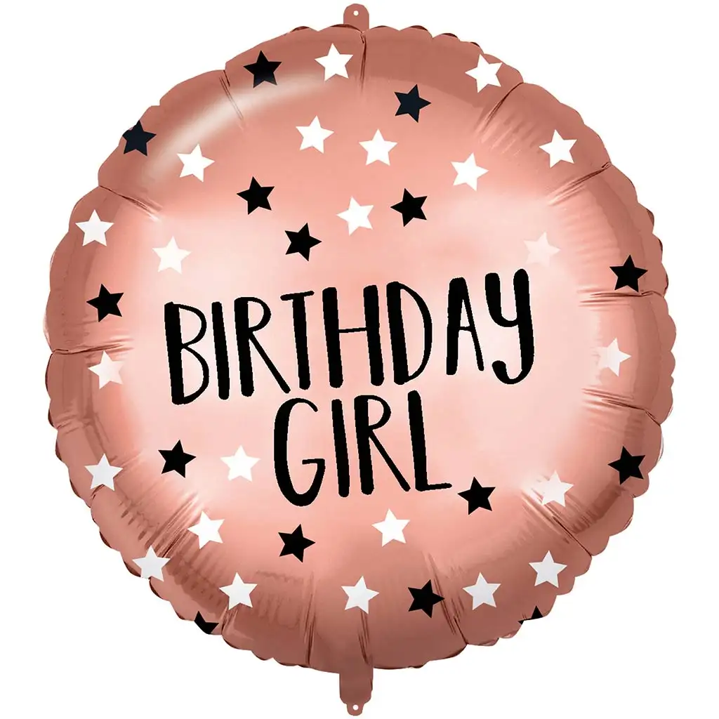Szülinapi fólia lufi – "Birthday Girl" felirattal, rózsaarany csillagos 46cm kép 1