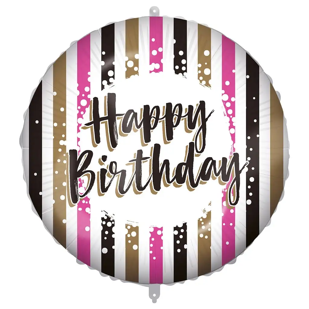 Szülinapi fólia lufi – „Happy Birthday” felirattal, arany-fekete-rózsaszín csíkos design 46cm kép 1