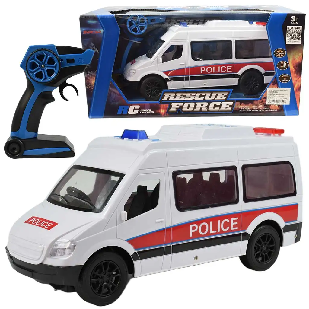 RC Biely policajný mikrobus so svetelnými efektmi na diaľkové ovládanie 2,4GHz 1/12  30cm