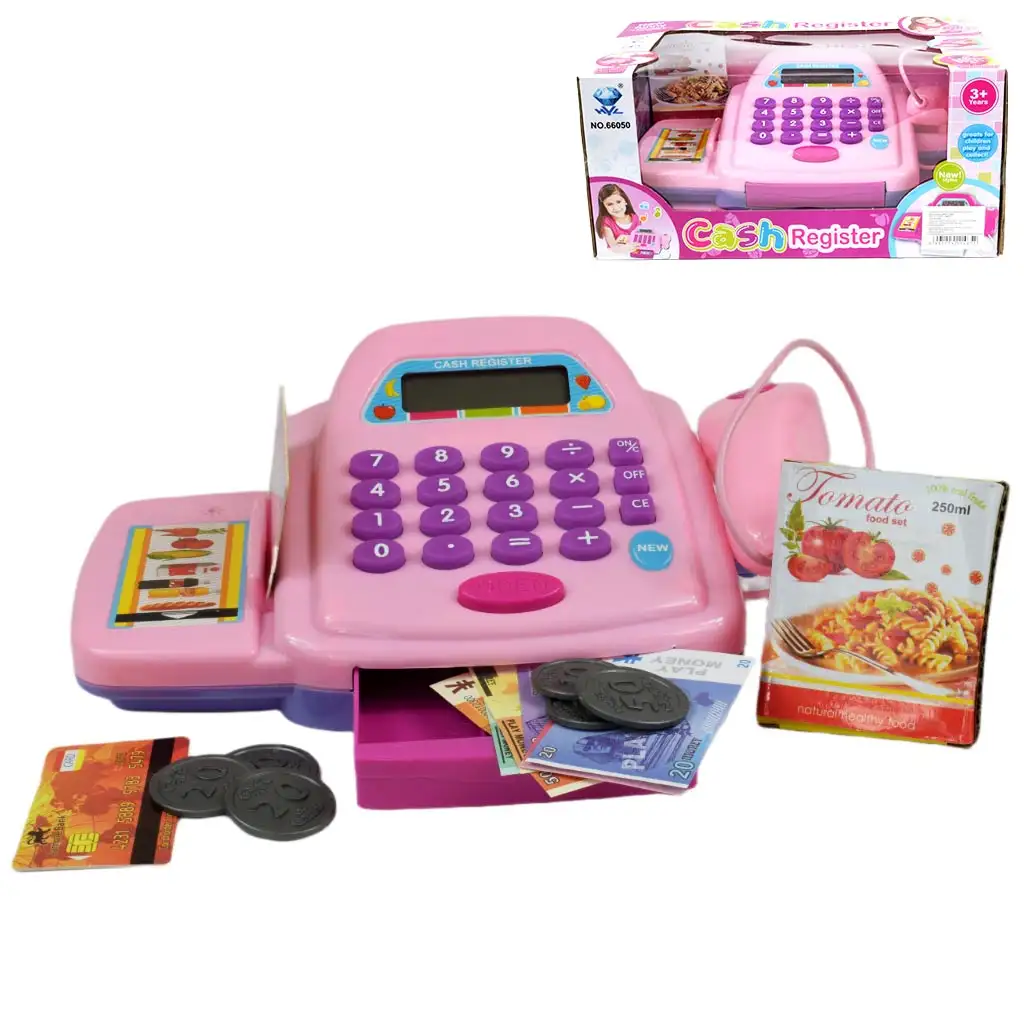 Ružová elektronická pokladňa so svetlom a zvukom, hracími peniazmi  25x14cm