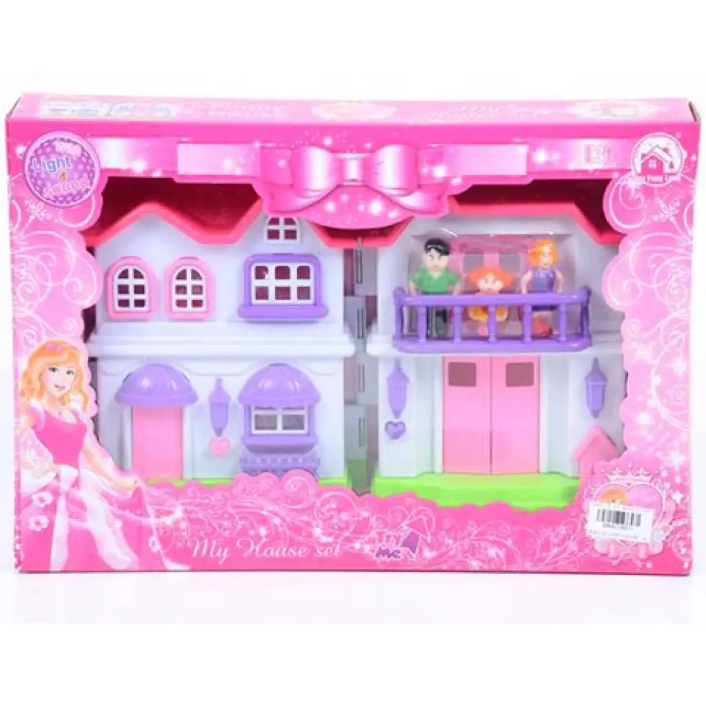 Ružová rodinná vila s nábytkom a rodinou bábiky