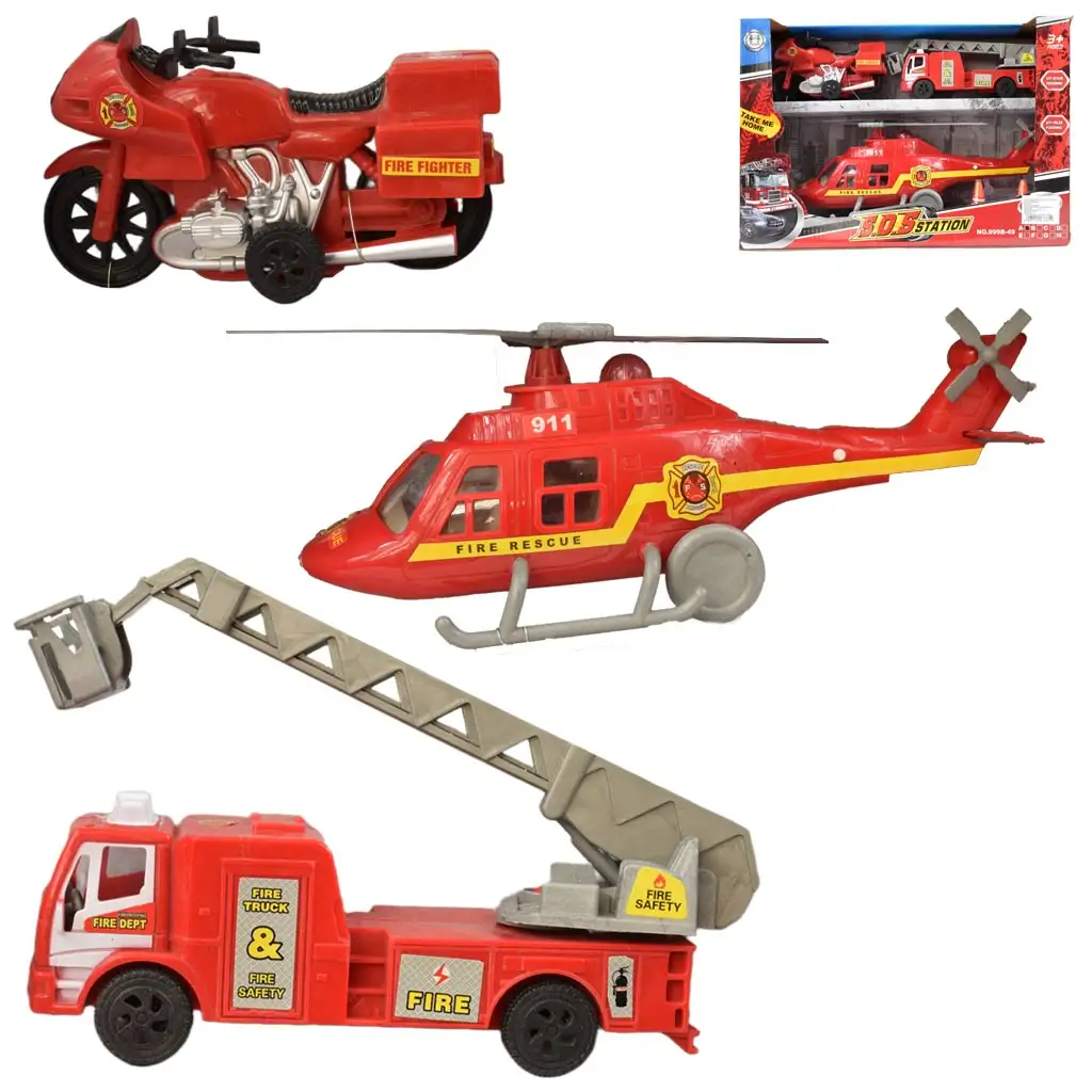 S.O.S. Station: 3-dielny set hasičských vozidiel s vrtuľníkom
