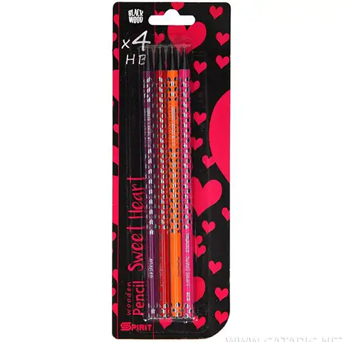 Spirit: Čierna grafitová ceruzka HB so srdiečkovým vzorom 4 dielny set s gumou