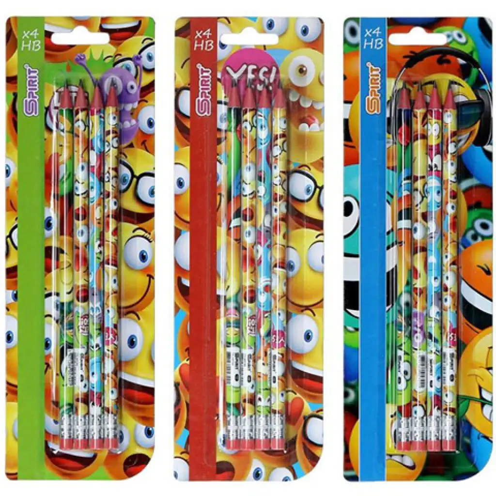 Spirit: Happy grafitová ceruzka s gumou 4 dielny set - rôzne druhy