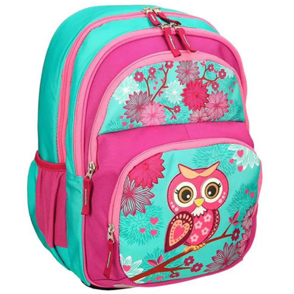 Spirit: Ružovo-tyrkysová zaoblená ergonomická školská taška so vzorom sovy, batoh 40x20x18cm