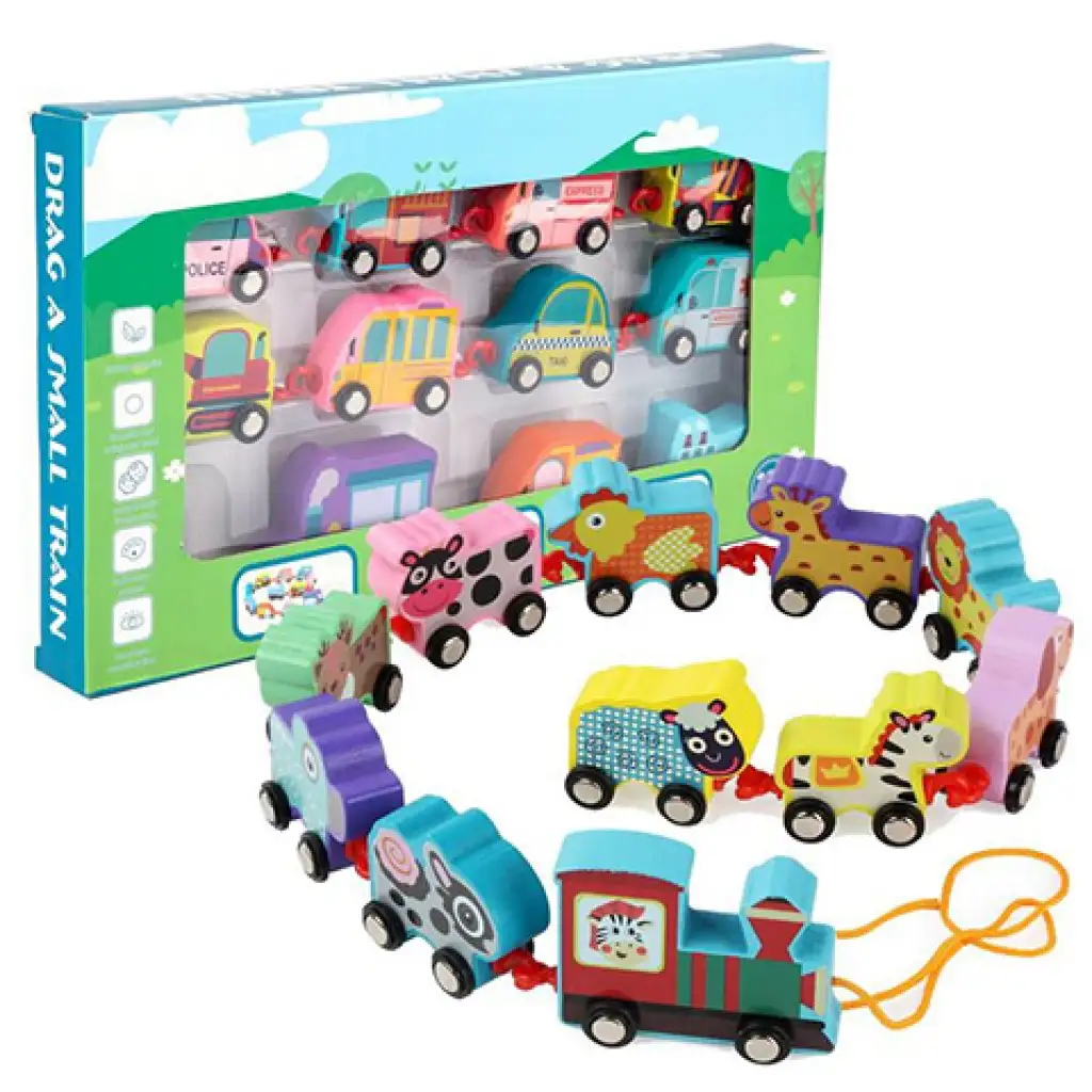 Farebný drevený vláčik so zvieratami, set so šnúrou