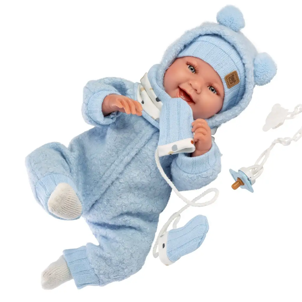 Llorens: Talo Sonrisas 44cm novorodenec s hlasom v modrom kapucňovom oblečení kép 3
