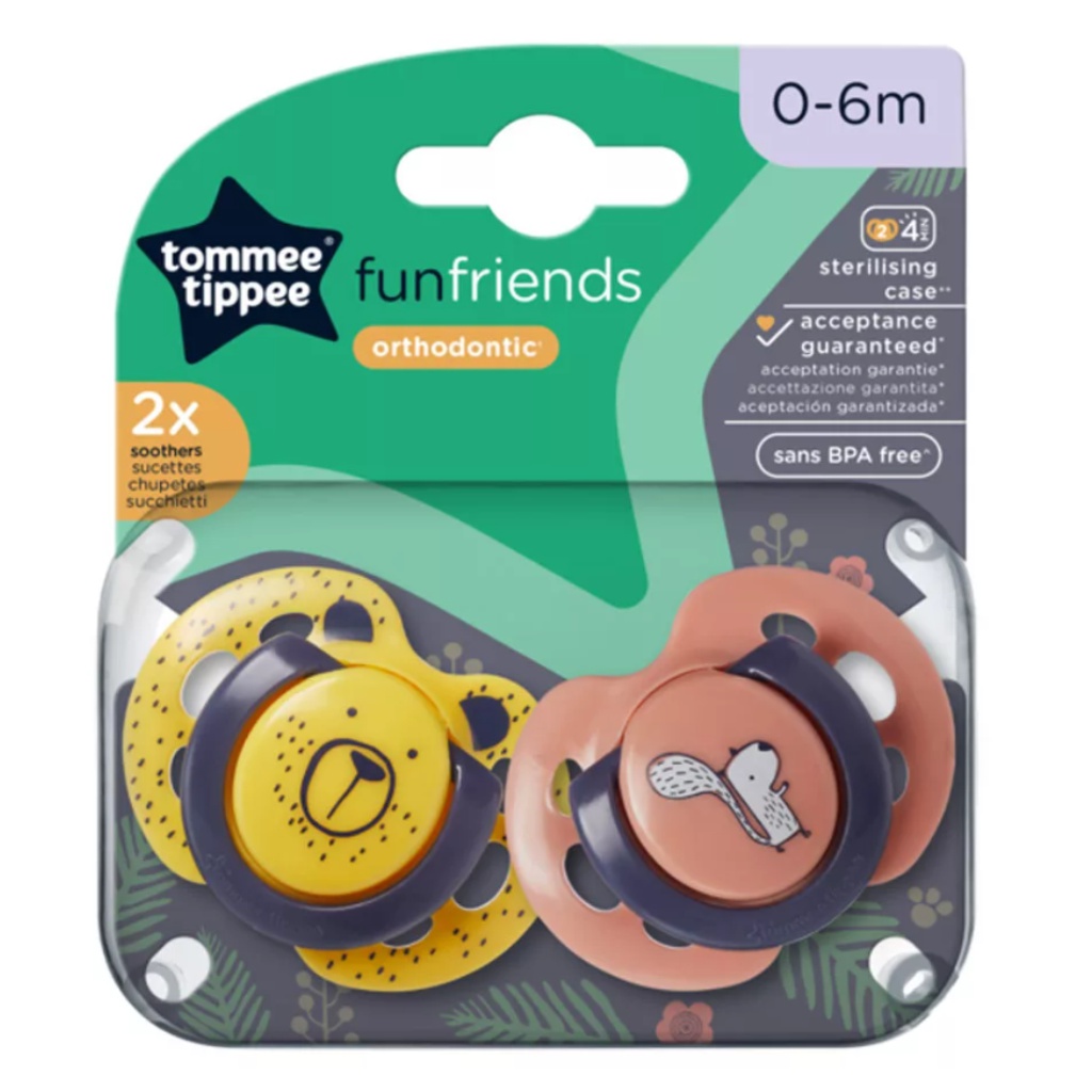Tommee Tippee: FunFriends 2-dielna ortodontická súprava cumlíkov v rôznych prevedeniach (0–6 mesiacov)