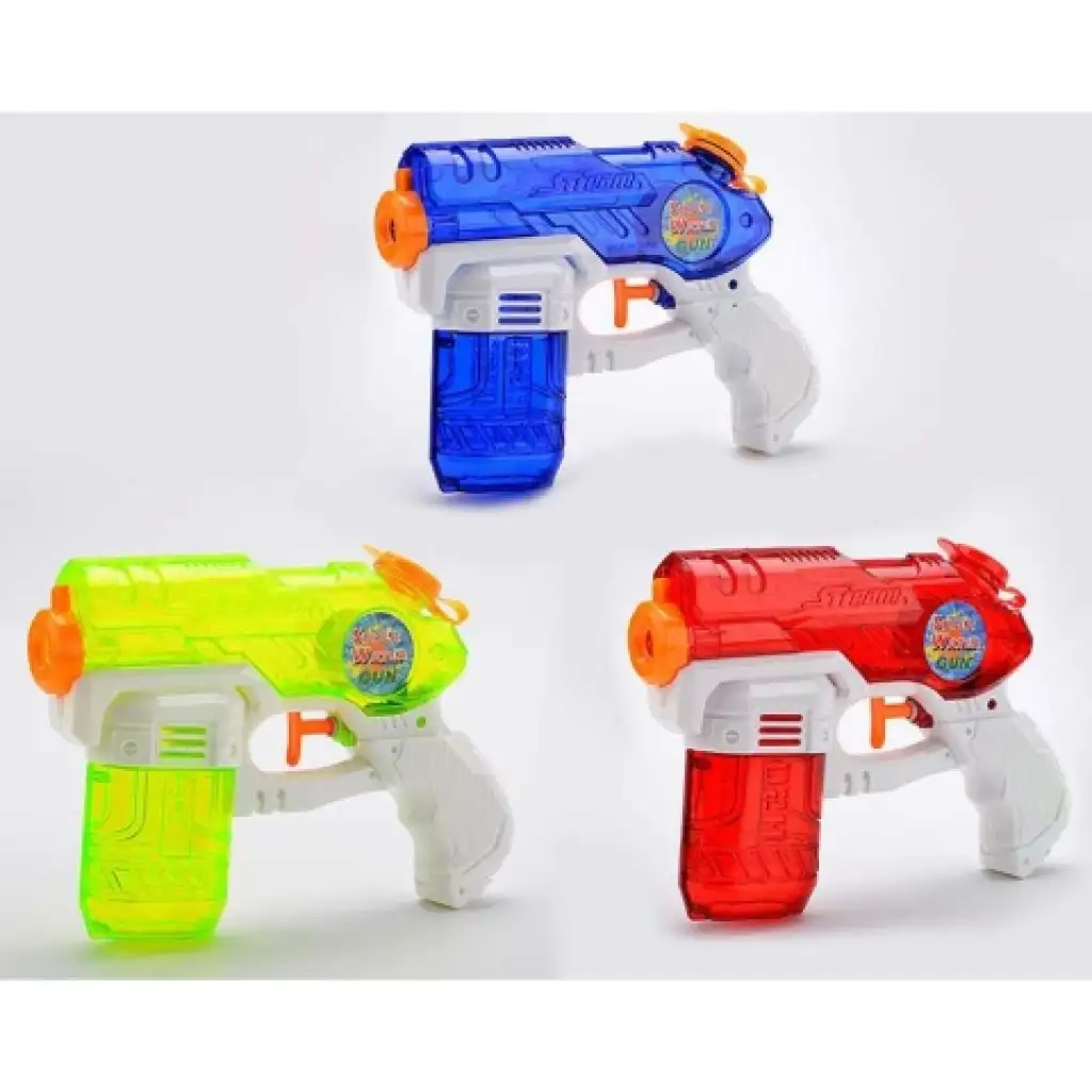 Transparentná vodná pištoľ s nádržou, rôzne farby