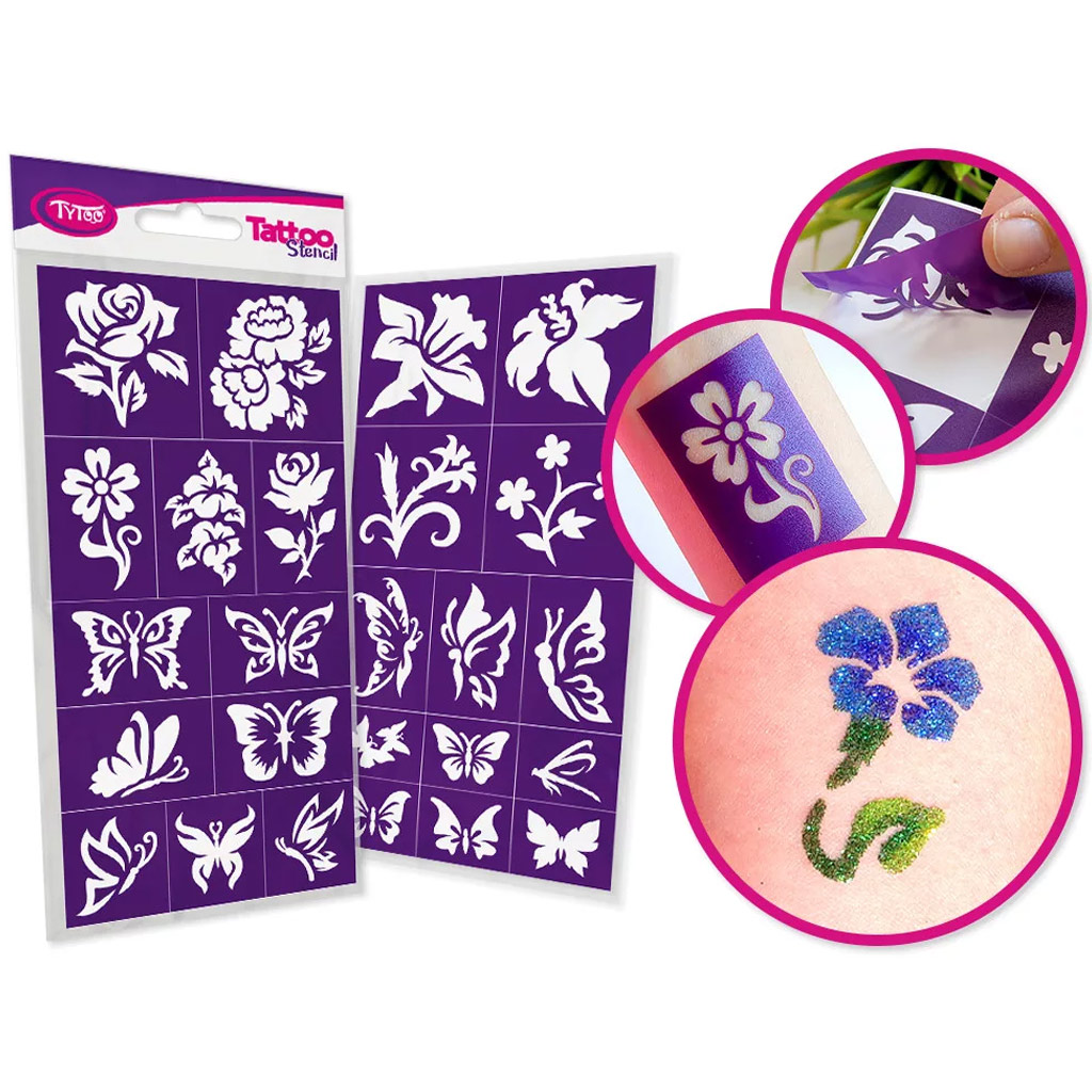 TyToo: Sada šablón na trblietavé tetovanie – Kvety, 24 ks