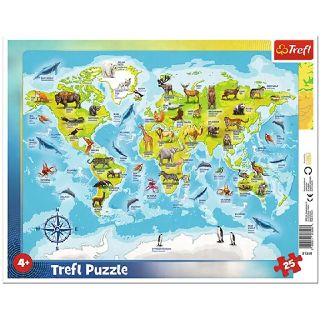 Mapa sveta so zvieratami 25 dielne rámové puzzle - Trefl