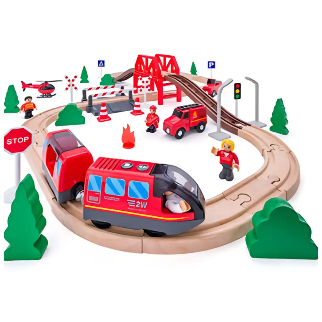 Drevená železničná súprava s hasičským autom a batériovým vlakom - Woodyland
