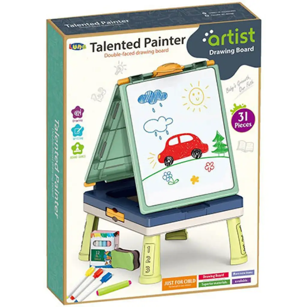 Zelená obojstranná tabuľa na kreslenia 31 dielny set