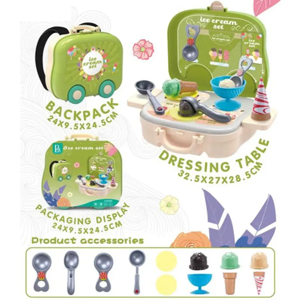 Zelený 2v1 zmrzlinársky pult, súprava v kufri na kolieskach s príslušenstvom