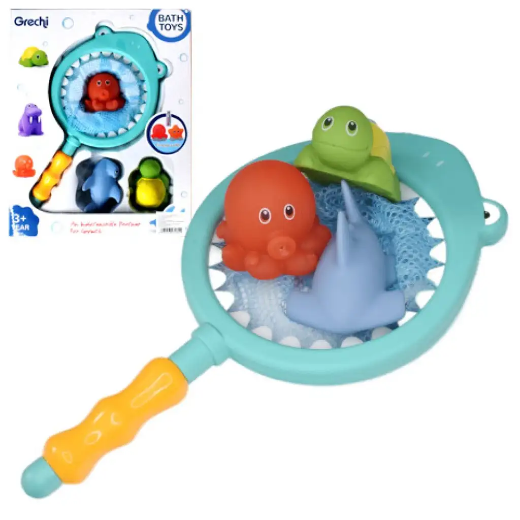 Žralok - rybárska sieť so striekajúcimi zvieratkami - hračka do kúpeľa