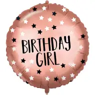 Szülinapi fólia lufi – "Birthday Girl" felirattal, rózsaarany csillagos 46cm
