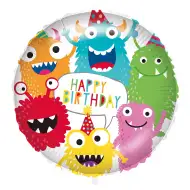 Szülinapi fólia lufi – „Happy Birthday” felirattal, színes szörnyecskés mintával 46cm